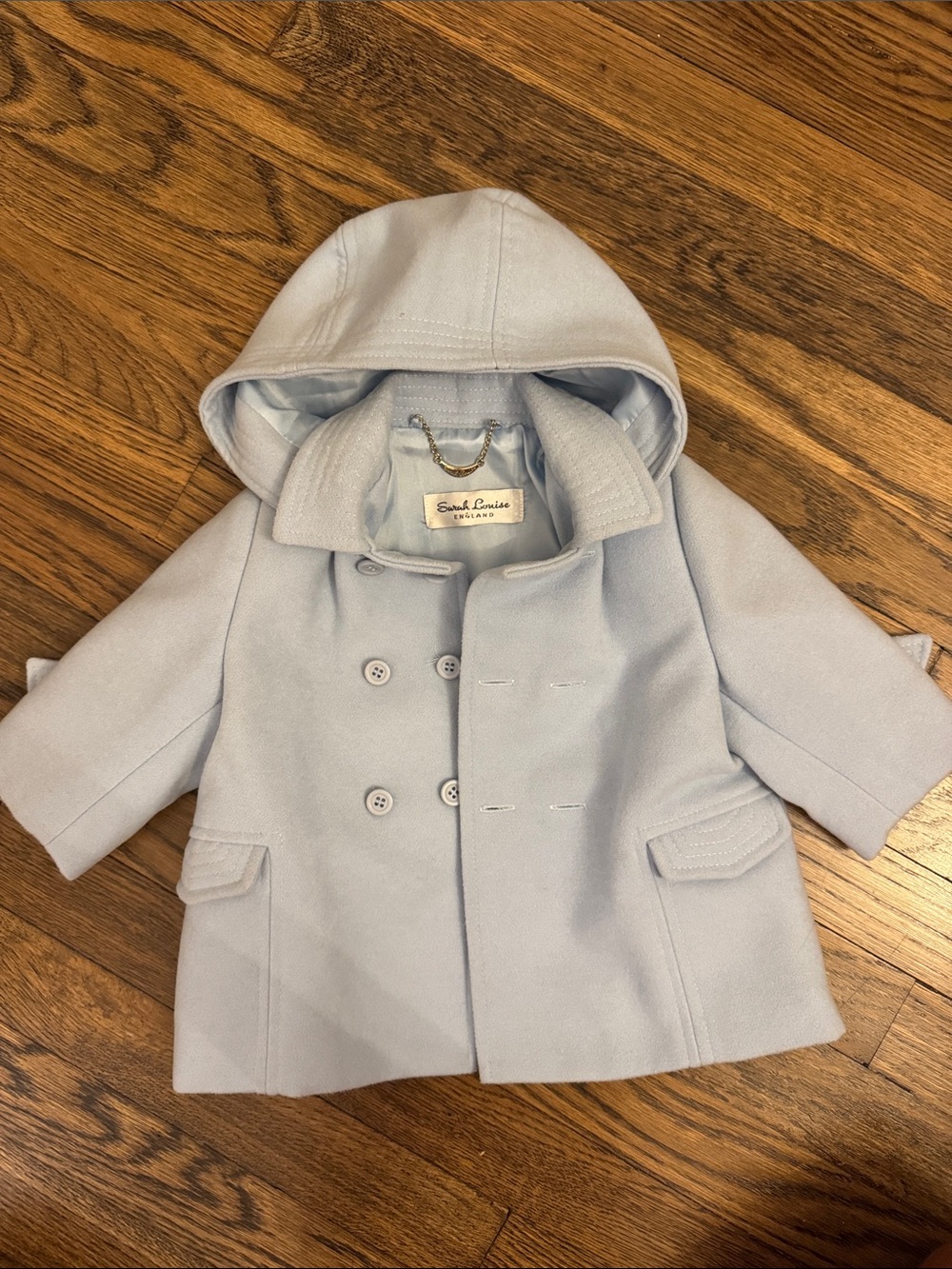 Sarah Louise England Light Blue Hooded Double-Breasted baby peacoat size 6 month